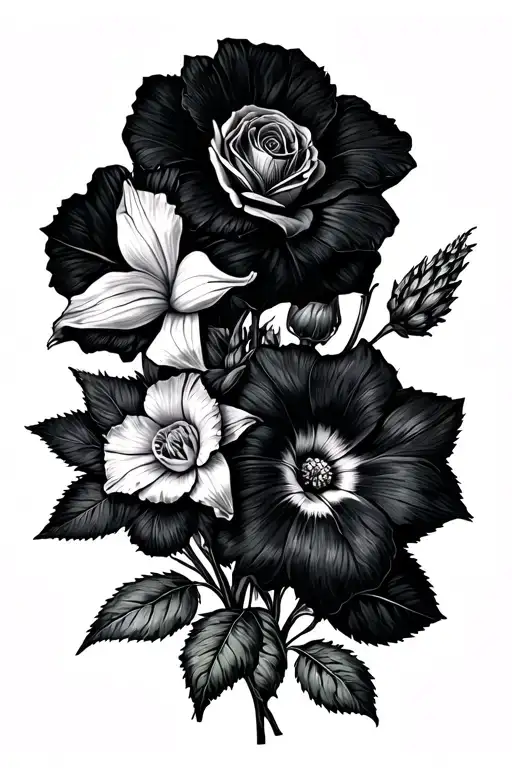 delicate fine line tattoo of a bunch of flowers including a daffodil, rose, carnation and morning glory tattoo design idea