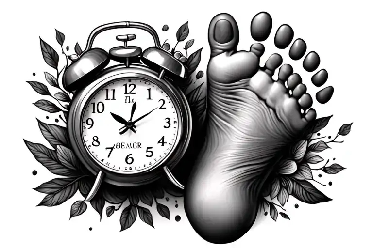 baby foot print with name incorporated and a clock showing the time 10:22 tattoo design idea