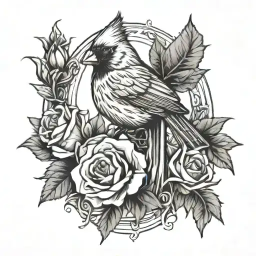 cardinal perched on roses with cross surrounded tattoo design idea
