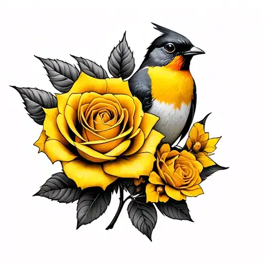 yellow rose and a robin bird tattoo design idea