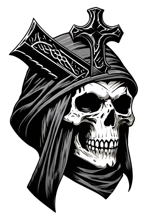 grim reaper head with cross shaped knife through the top of his skull tattoo design idea