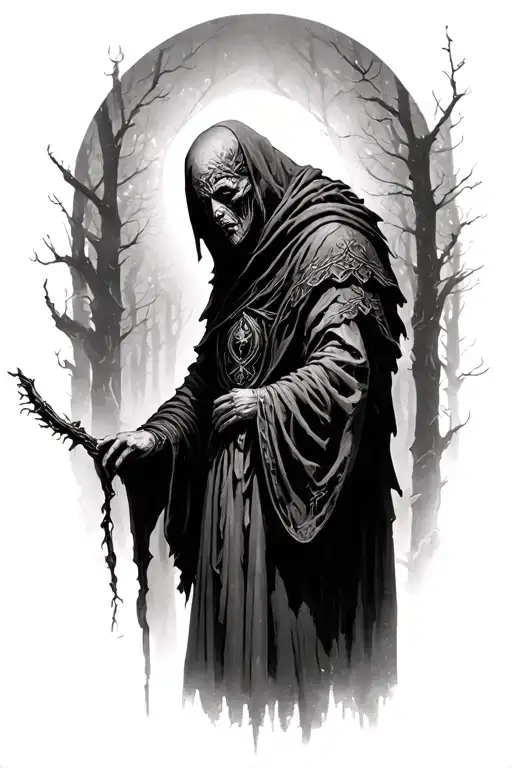 The Warden —an ancient, non-human, solemn figure that emerges from the fog to watch over memories, loss.  tattoo design idea