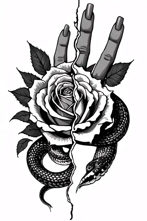 rose hand tat split in half and a rattle snake going thru that half tattoo design idea