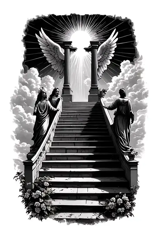 stairway to heaven walking up stairs angels sun rays clouds heaven gate at the top of the stairs  tattoo design idea