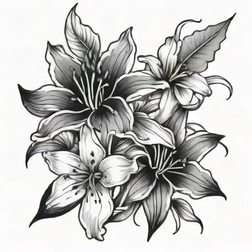 Simple black and white tattoo with Lilies, red spider Lillie's, black dahlias, Geranium no color, not cluttered. tattoo design idea