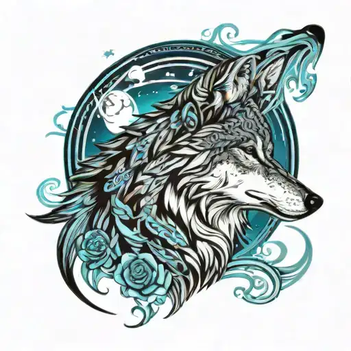 tribal wolf howling at moon with northern lights background and blue rose's  tattoo design idea