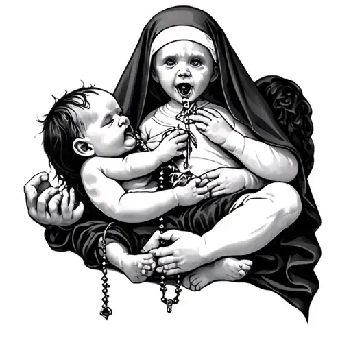 demonic baby with rosary chocking a nun tattoo design idea