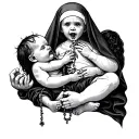 demonic baby with rosary chocking a nun tattoo design idea
