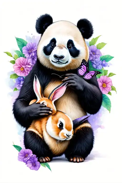 panda bear with a bunny on his hand and a purple butterfly on his nose tattoo design idea