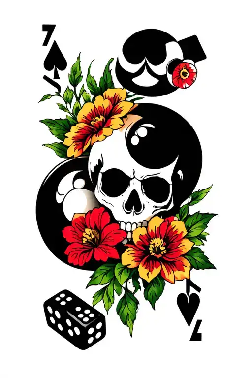 Dead man's hand, 8 ball, dice, skull, flowers, tattoo design idea