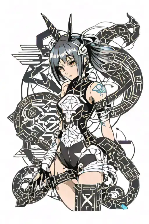 anime girl tattoo with kanji and minimal clothing full body tattoo design idea