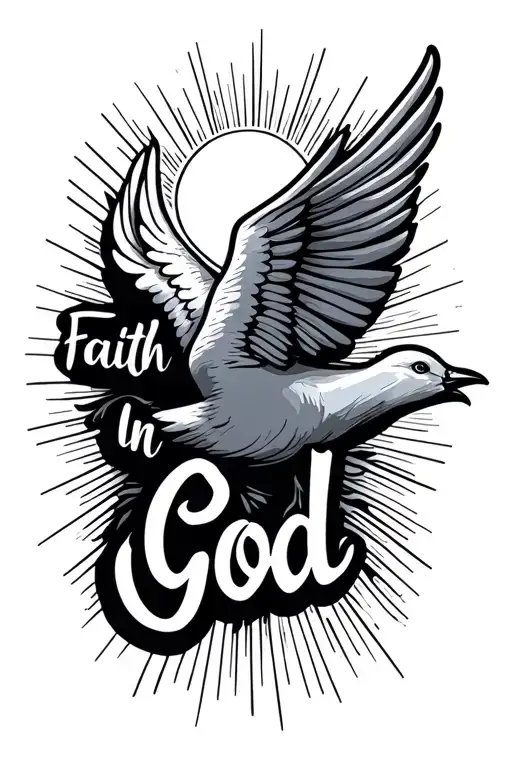 Faith in God script, writing dove and sun rays shining tattoo design idea