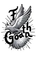 Faith in God script, writing dove and sun rays shining tattoo design idea
