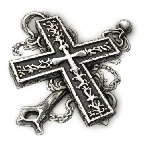 Russian Orthodox cross with two bars on top and one bar on the bottom plus writing "IС" "ХС" on the left chest tattoo design idea