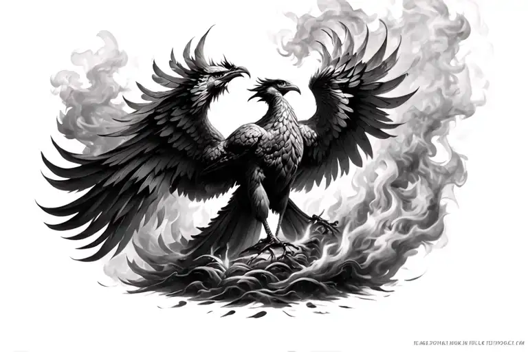 realistic phoenix rising from the ashes, shaded, black and white, smoke, feathers turning to fire tattoo design idea