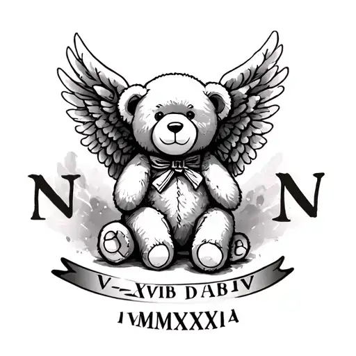 "Nan IV•XVIII•MMXXIV" Teddy bear angel wings made tattoo design idea
