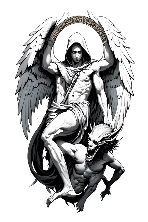 hooded arch angel defeating a demon tattoo design idea
