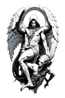 hooded arch angel defeating a demon tattoo design idea
