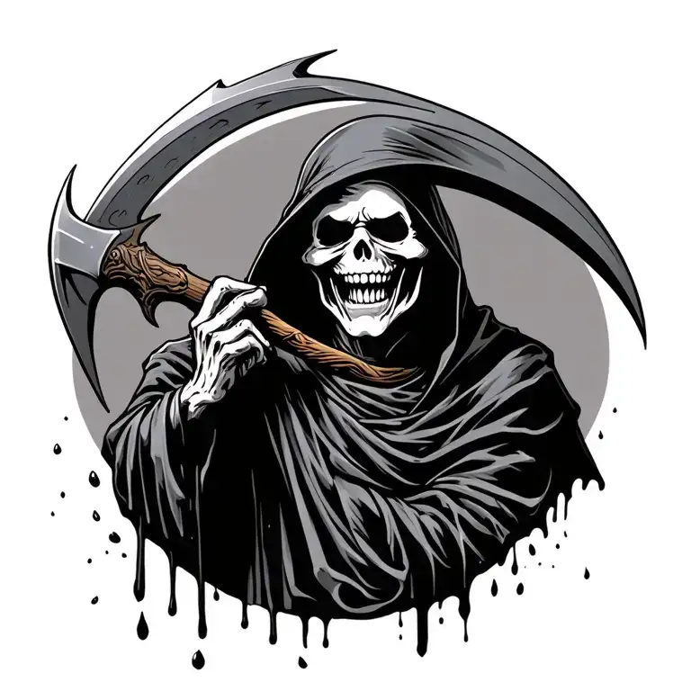 grim reaper licking blood off his scythe with a smile tattoo  tattoo design idea