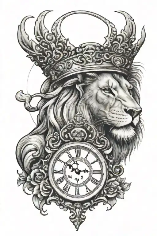 Lion with crown and clock surrounded religious tattoo design idea