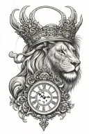 Lion with crown and clock surrounded religious tattoo design idea