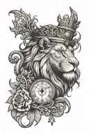 Lion with crown and clock surrounded religious tattoo design idea