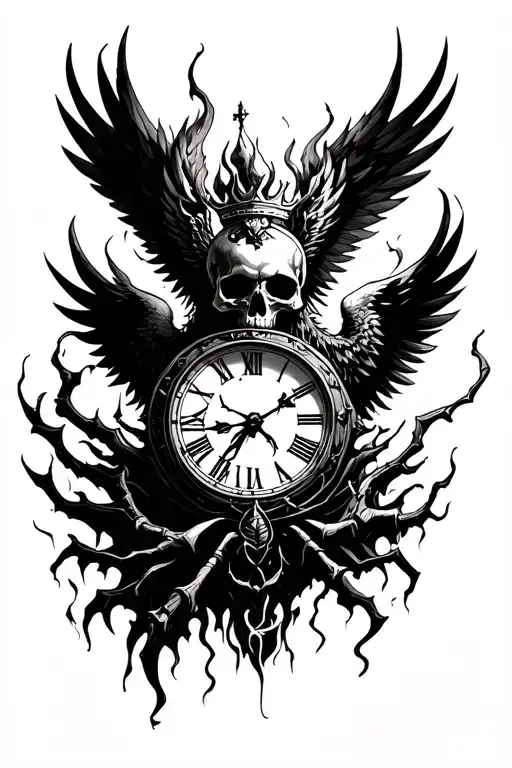Phoenix clock skull with crown fire angel winds spiders climbing cobwebs fighters it has to be broken down into several. tattoo design idea