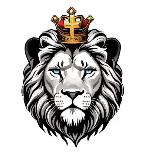 Half Lion face with cross and crown tattoo design idea