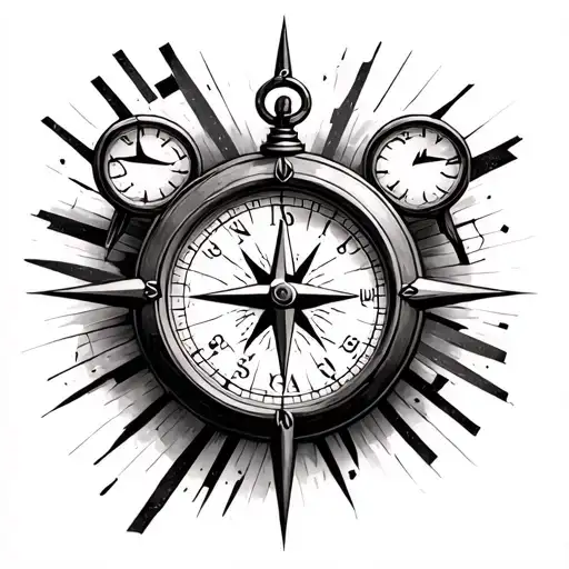 compass in the foreground and a broken clock behind tattoo design idea