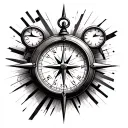 compass in the foreground and a broken clock behind tattoo design idea