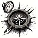 compass in the foreground and a broken clock behind tattoo design idea