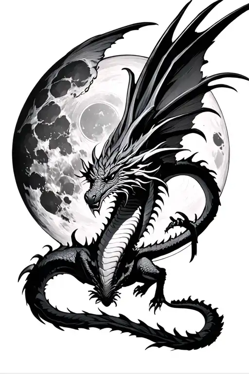 a flying fierce wounded devilish dragon`trying to reach the moon tattoo design idea