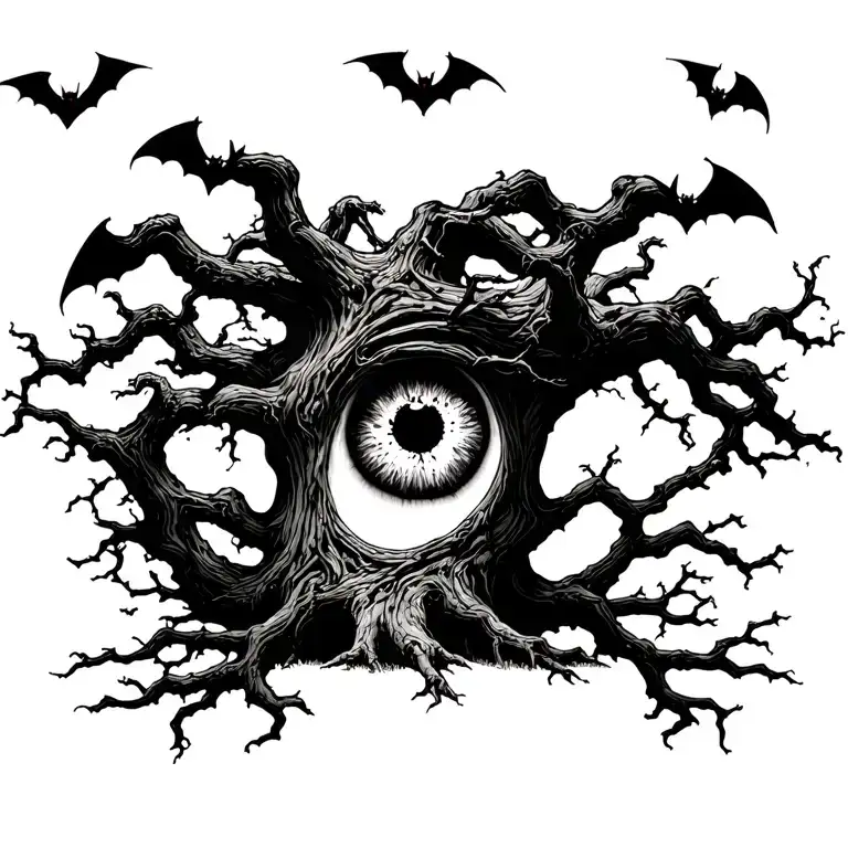 poison tree with an eye in the tree and 4 red bats flying around the tree tattoo design idea