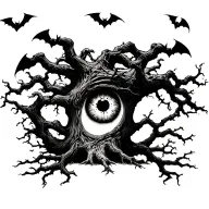 poison tree with an eye in the tree and 4 red bats flying around the tree tattoo design idea