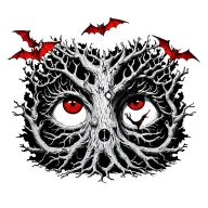 poison tree with an eye in the tree and 4 red bats flying around the tree tattoo design idea