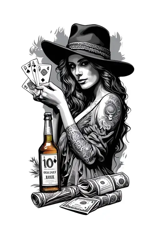 Dead mans road- a road with a woman, playing cards, bottle of wiskey and a rolled up 100$ tattoo design idea