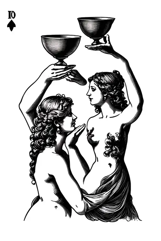 three of cups tarot card design featuring three figures each raising a cup facing each other in a circle formation tattoo design idea