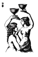 three of cups tarot card design featuring three figures each raising a cup facing each other in a circle formation tattoo design idea