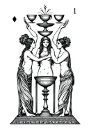 three of cups tarot card design featuring three figures each raising a cup facing each other in a circle formation tattoo design idea