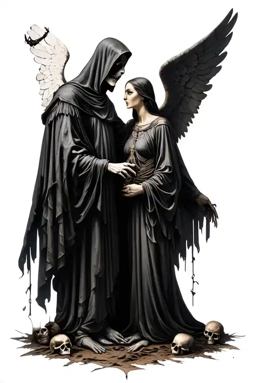 Angel and grim reaper looking at eachother and touching fingers, surrounded by death and skulls tattoo design idea