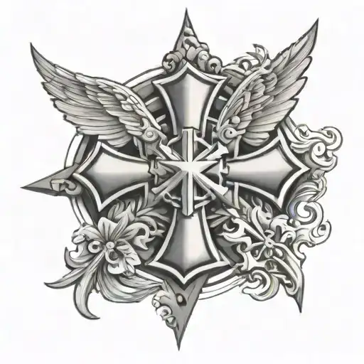 maltese cross, spread wings and cross tattoo design idea