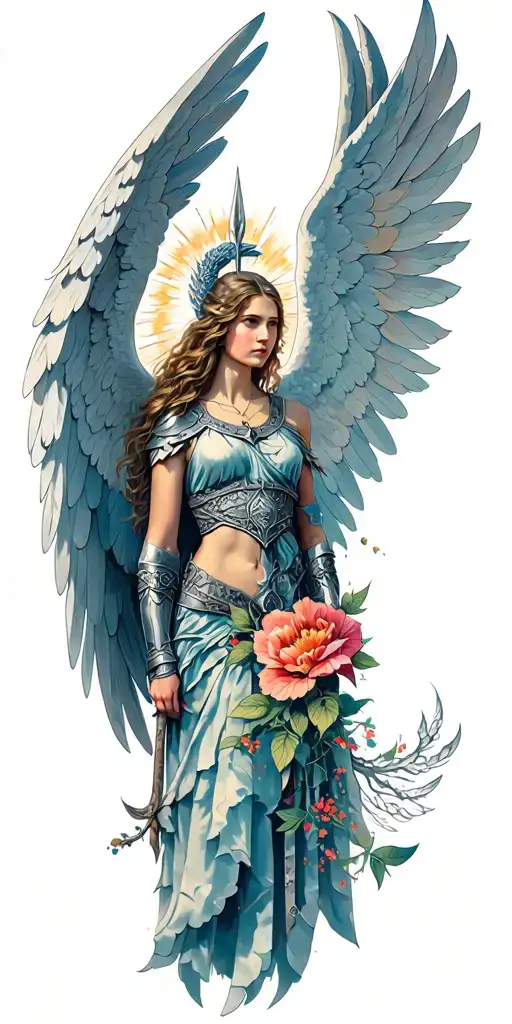 Meaningful warrior angel, Norse Valkyrie, clouds, rays, floral tattoo design idea