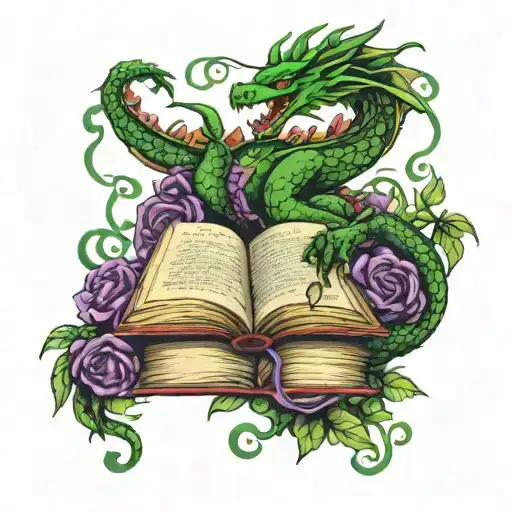 dragon hoarding open books words scrolling in the air with vines and flowers in dark greens and purples tattoo design idea
