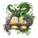 dragon hoarding open books words scrolling in the air with vines and flowers in dark greens and purples tattoo design idea