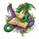 dragon hoarding open books words scrolling in the air with vines and flowers in dark greens and purples tattoo design idea