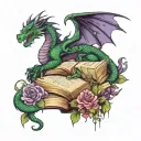 dragon hoarding open books words scrolling in the air with vines and flowers in dark greens and purples tattoo design idea