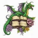 dragon hoarding open books words scrolling in the air with vines and flowers in dark greens and purples tattoo design idea