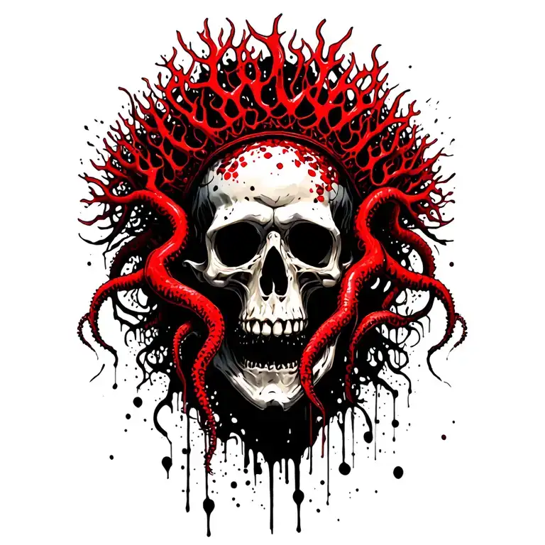 King Of Bones With A Coral Crown, Hades 2 Style, Eldritch, Tentacles, Lovecraftian, Deep Sea background, seaweed tattoo design idea