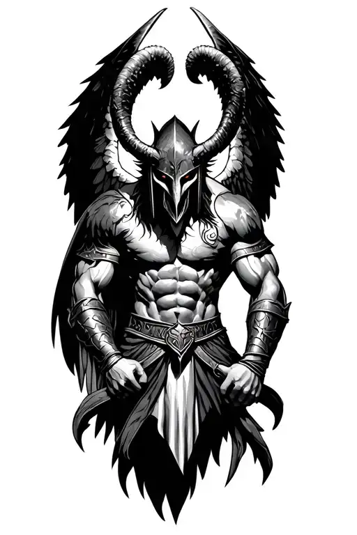 winged spartan warrior fighting the devil in horns tattoo design idea