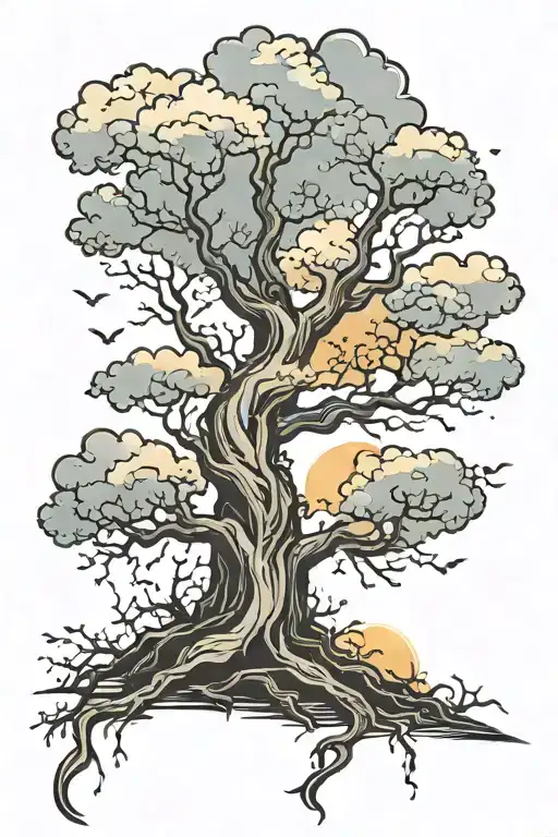 enchanted tree with storm clouds at the top tattoo design idea